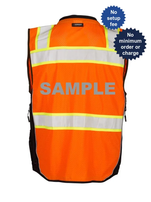 Kishigo Orange, Premium Black Series Surveyors Vest, Class 2, Small w/Custom Reflective Text